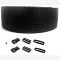 Komplettes Set aus schwarzem Riemen auf Rolle und Schnallen 20 mm 10 Meter